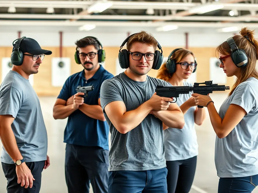 A high-quality photograph depicting a group of club members participating in a beginner's shooting training session at the CTSC CLUB DE TIR DE SAINT COUTANT, focusing on safe gun handling techniques.