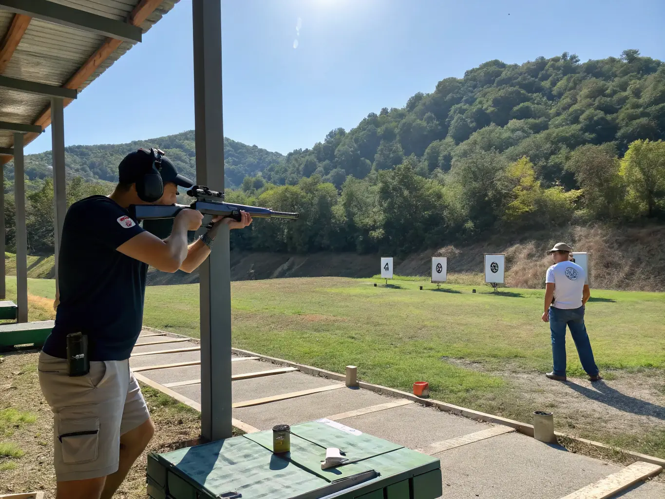 An action shot of a competitive shooting event at CTSC CLUB DE TIR DE SAINT COUTANT, capturing the intensity and precision of the participants as they aim at their targets.