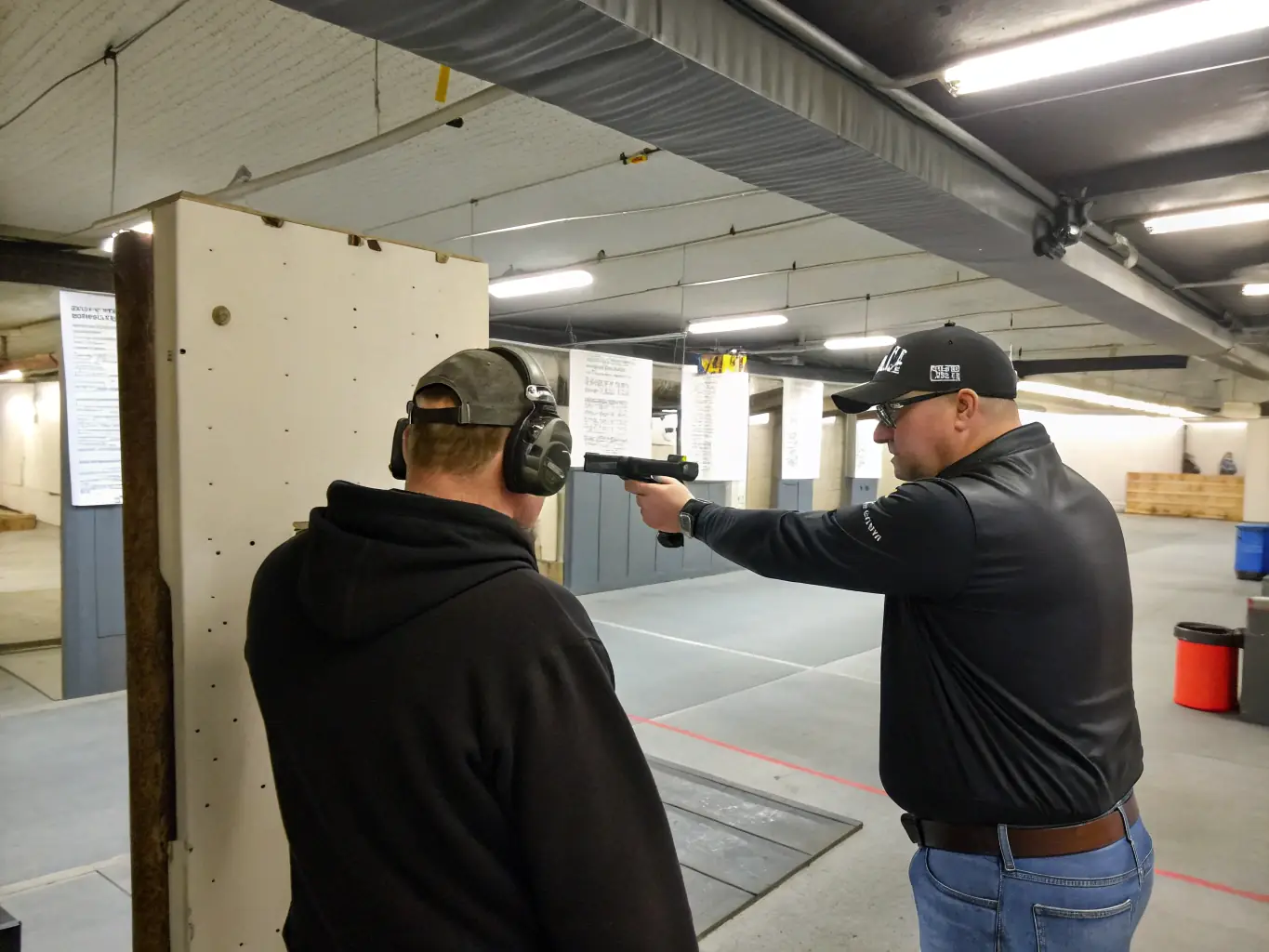 A focused sport shooter in safety gear, practicing at an indoor shooting range, highlighting the club's commitment to providing professional training and supervision.