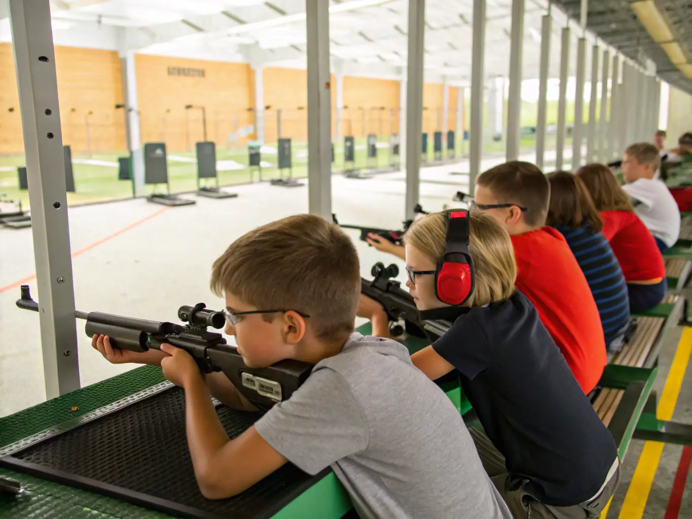 A visually appealing image of a group of young members participating in a youth shooting program at the CTSC CLUB DE TIR DE SAINT COUTANT, emphasizing the club's commitment to youth development and responsible sporting practice.