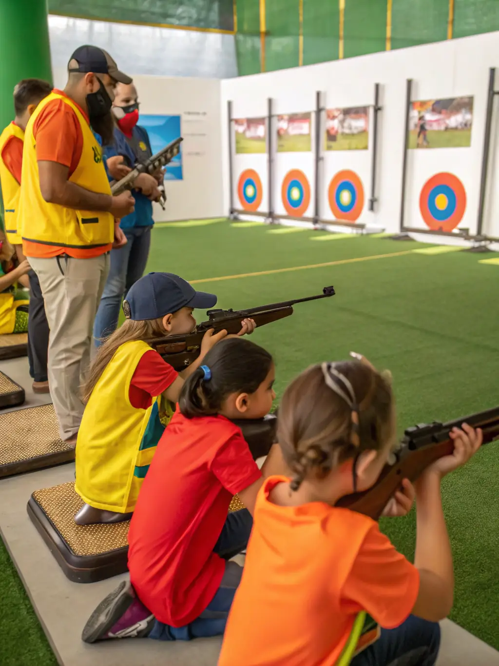A group of young participants engaging in the 'Junior Shooting Club' activities, emphasizing fun, safety, and responsible firearm handling at the CTSC CLUB DE TIR DE SAINT COUTANT.