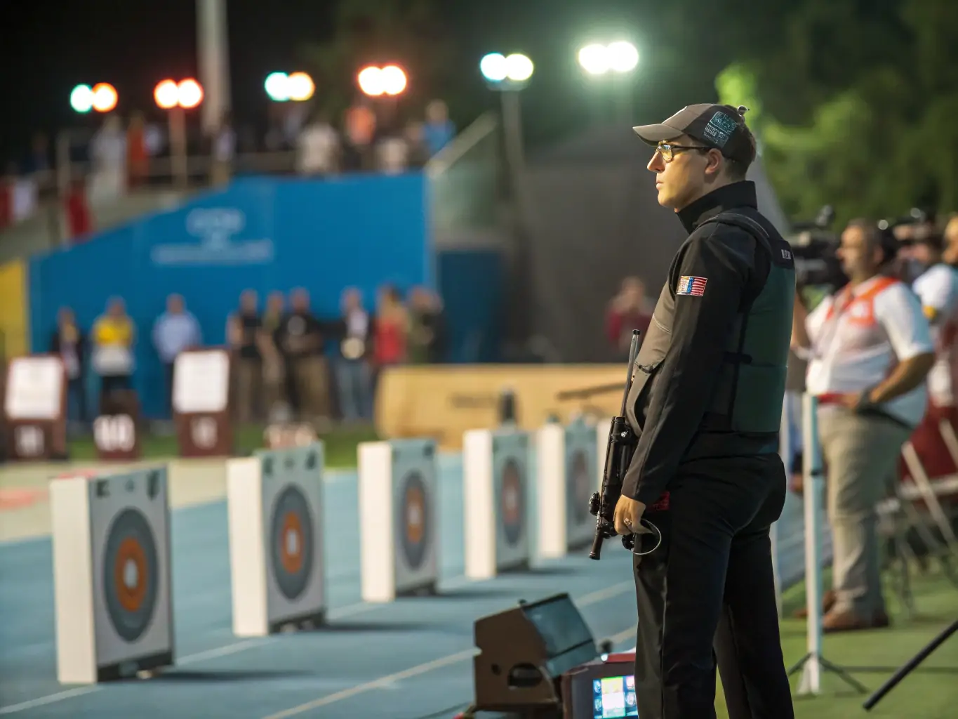 An action shot of participants engaged in a friendly shooting competition at the CTSC CLUB DE TIR DE SAINT COUTANT range, showcasing focus and camaraderie.