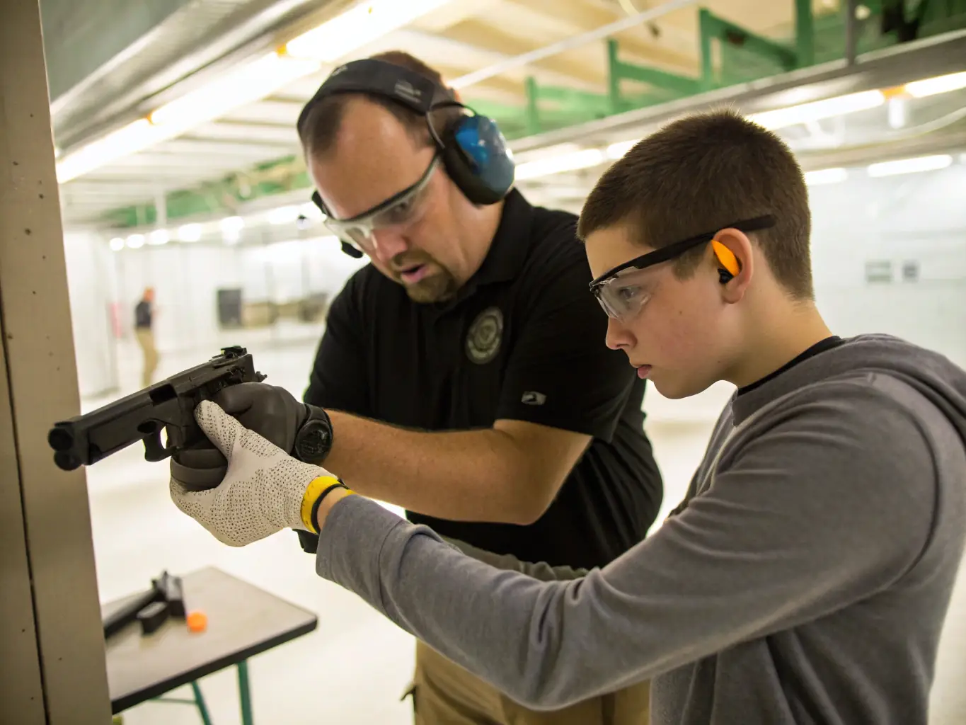 A focused image of a beginner's training session at the CTSC CLUB DE TIR DE SAINT COUTANT, showcasing an instructor guiding a new shooter with proper stance and gun handling techniques.