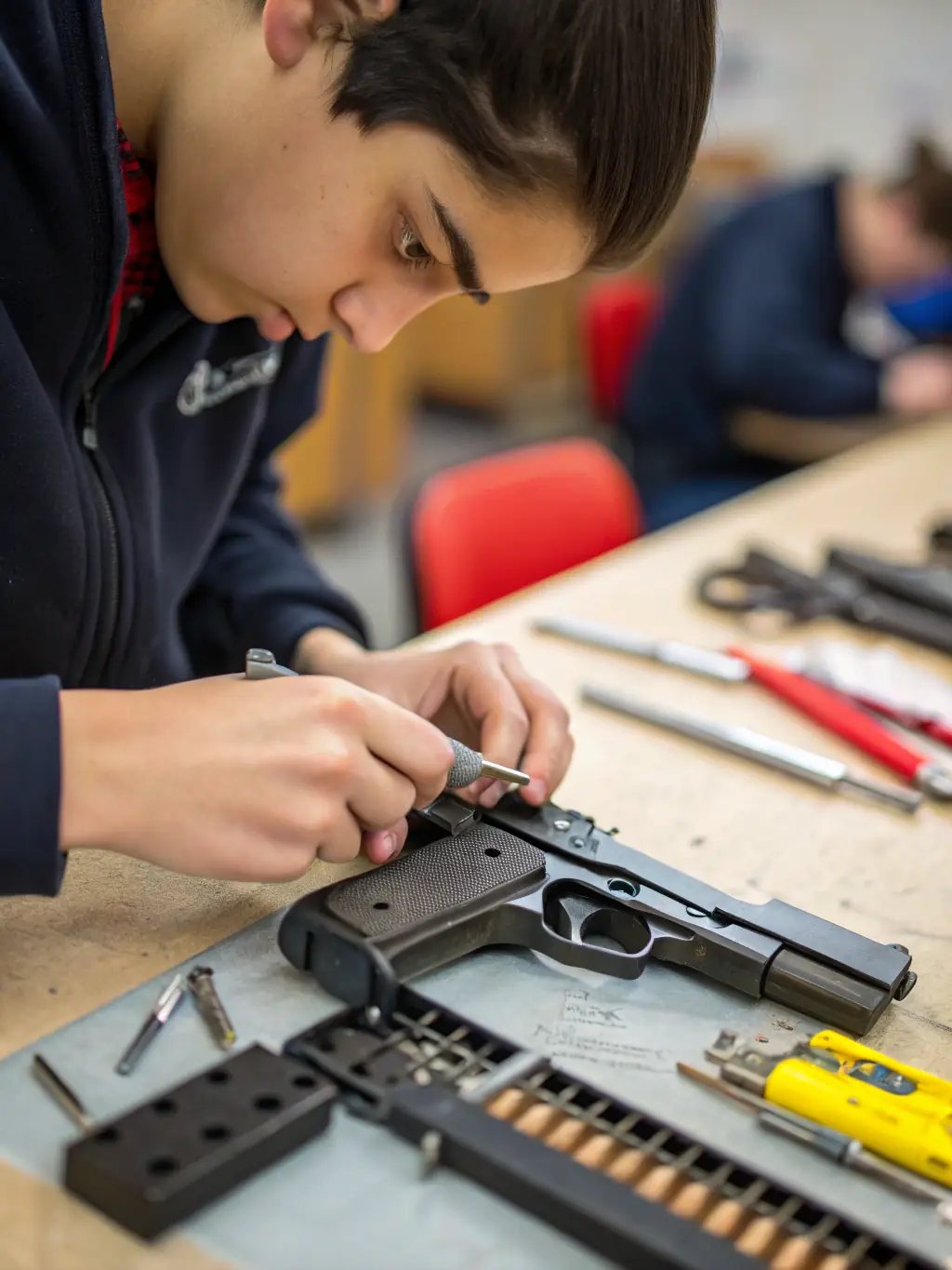 A close-up image of a CTSC member meticulously cleaning and maintaining their firearm, emphasizing the club's focus on responsible gun ownership.