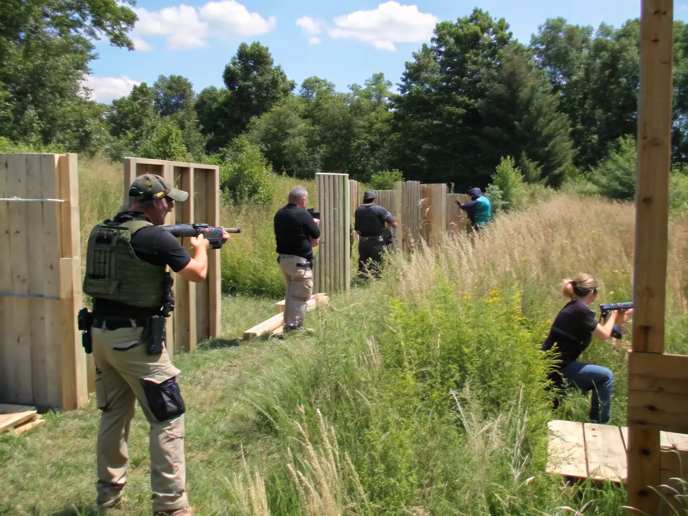 A group of club members participating in a supervised shooting activity at an outdoor range, emphasizing the club's focus on safety and community engagement.
