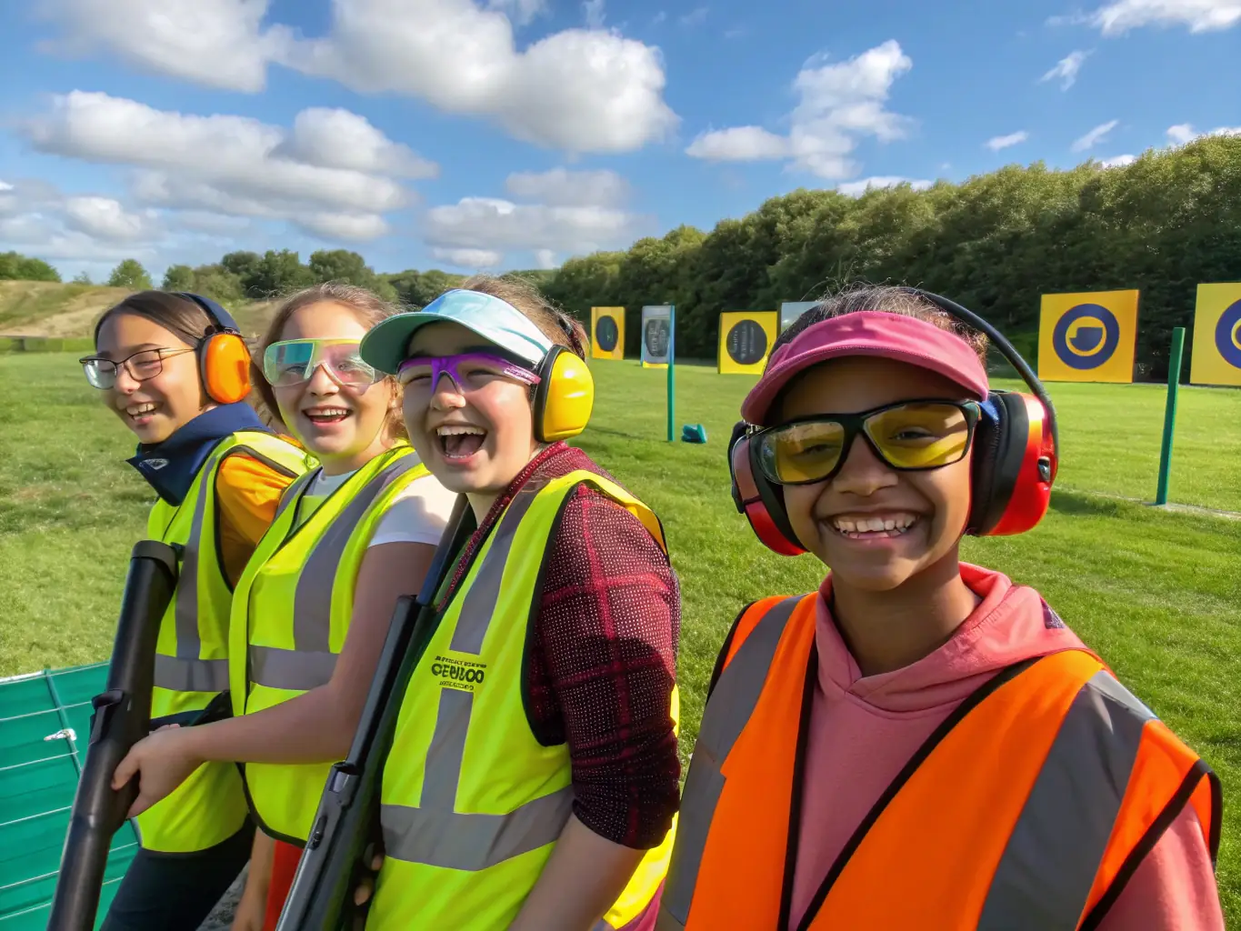 A heartwarming image of a community event at CTSC CLUB DE TIR DE SAINT COUTANT, showing members of all ages and backgrounds participating in a friendly shooting activity and enjoying each other's company.