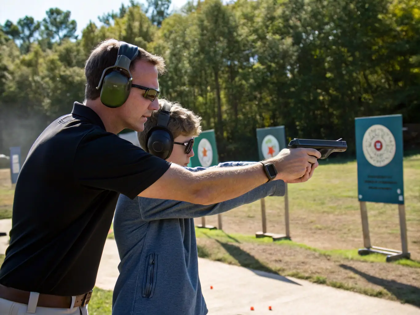 A focused image of a shooting instructor guiding a new member on proper stance and gun handling techniques at an outdoor shooting range, emphasizing safety and precision.